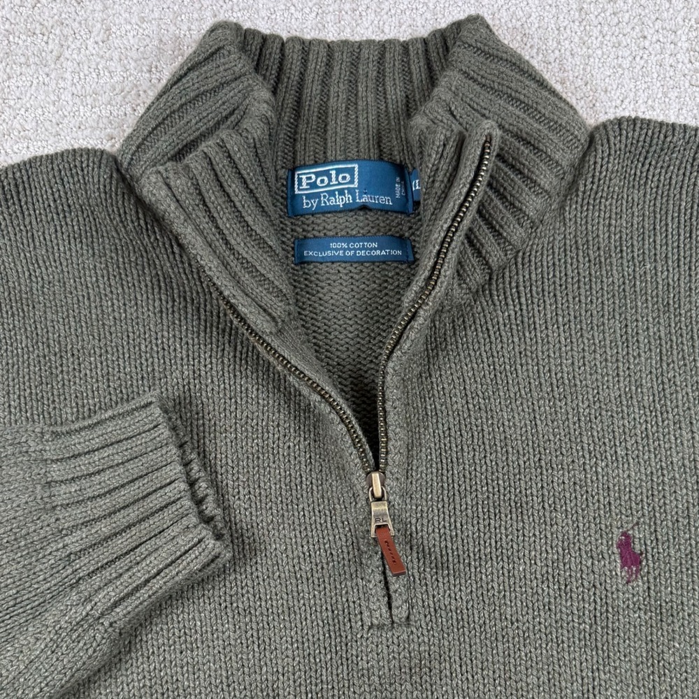 Polo Ralph Lauren Mens 2XL Olive Green Cotton 1/4 Zip Shaker Knit Sweater